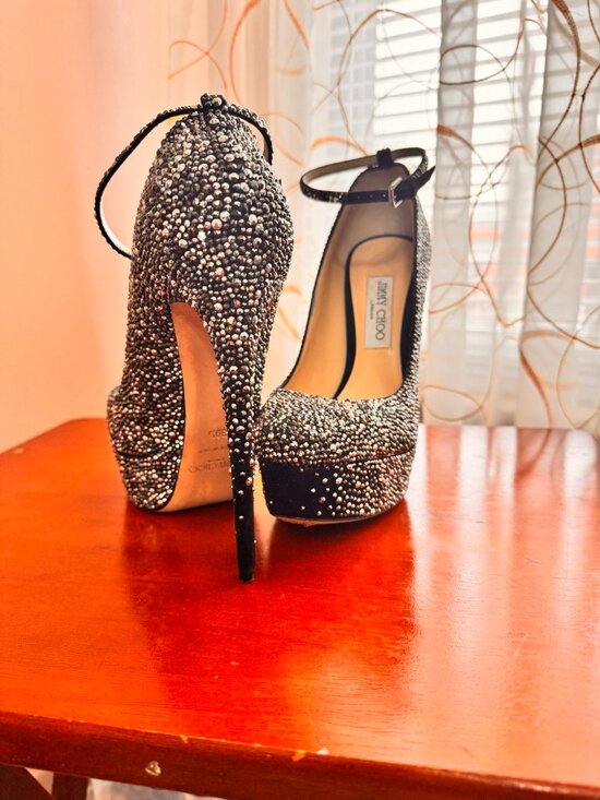 Jimmy Choo Shoes - Jimmy Choo Black Silver Glitter Jeweled Ankle Strap Platform Stiletto Heels
